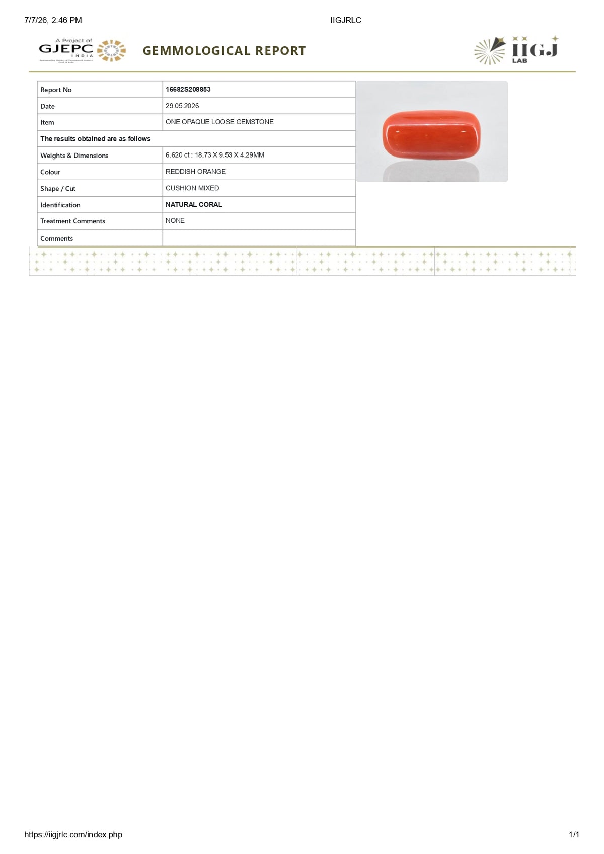 Italian Red Coral (Moonga) 6.62 Carats / 7.27 Ratti
