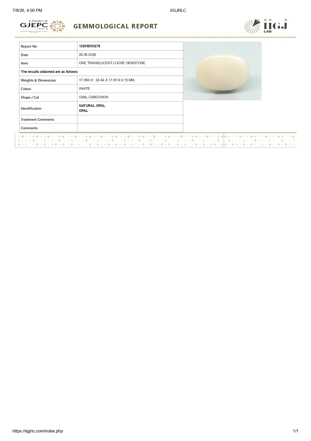 White Opal With Fire 17.95 Carats / 19.73 Ratti