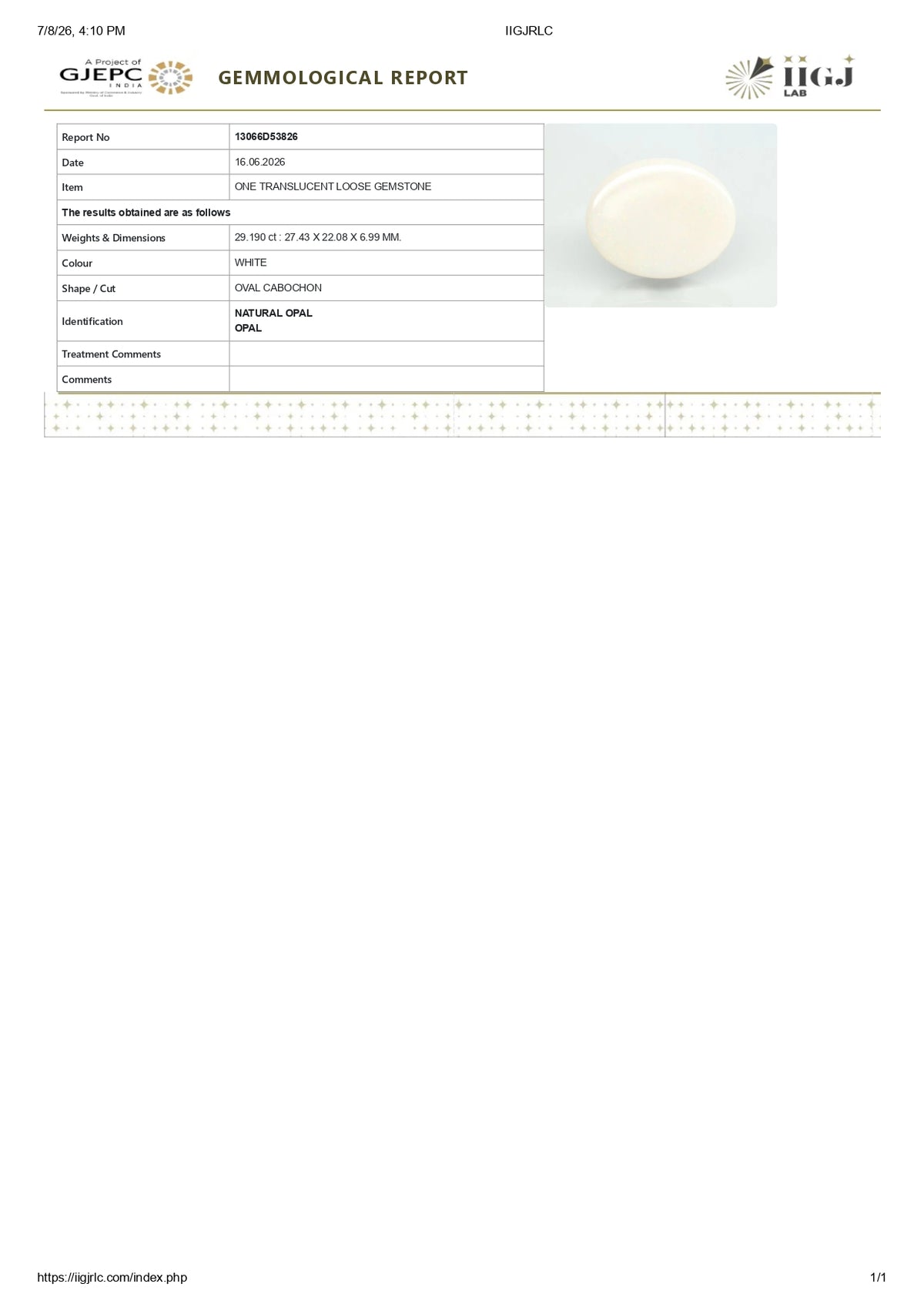 White Opal With Fire 29.19 Carats / 32.08 Ratti