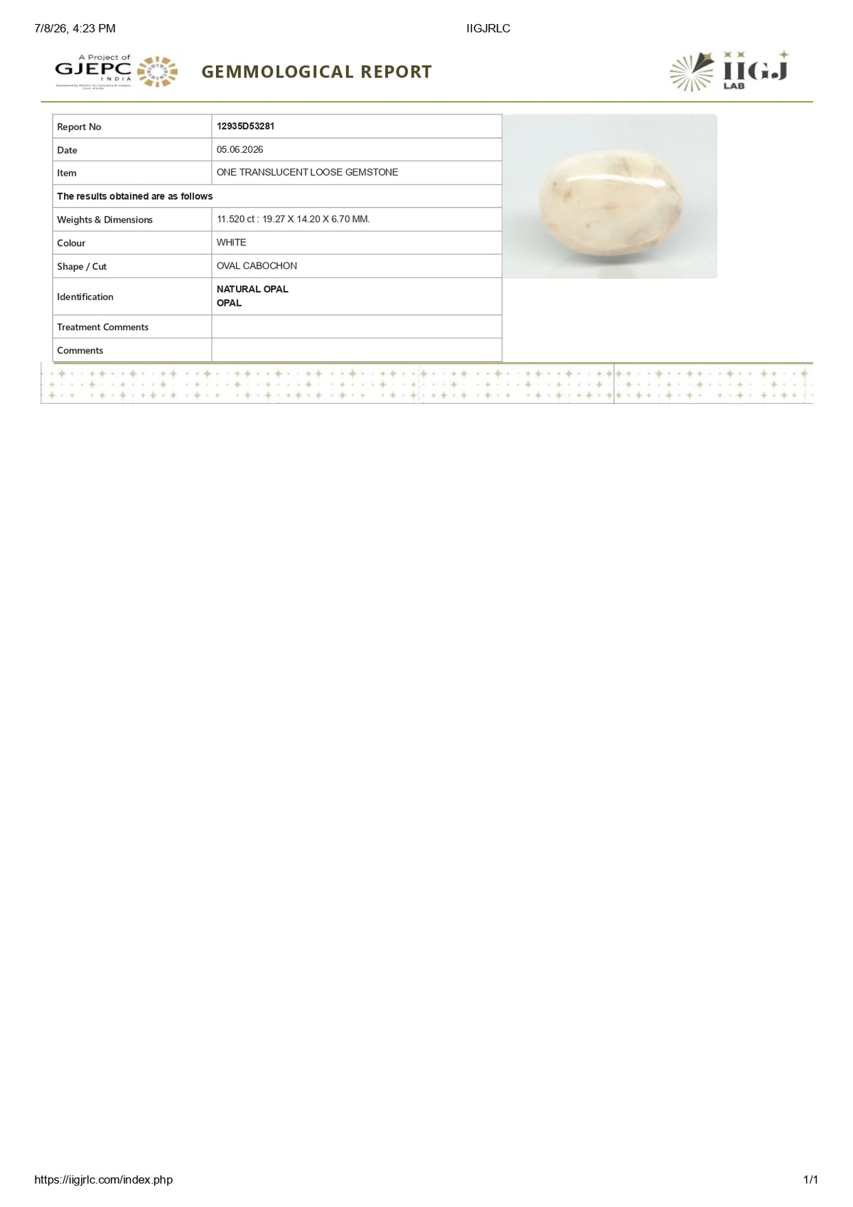 White Opal With Fire 11.52 Carats / 12.66 Ratti