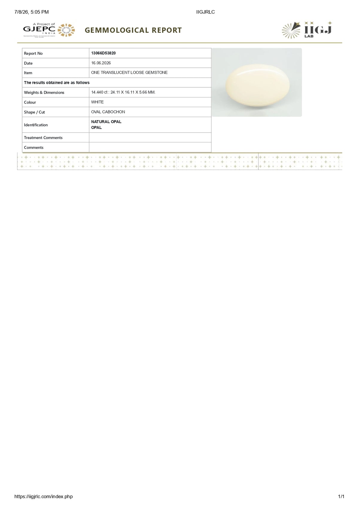 AustralianWhite Opal 14.44 Carats / 15.87 Ratti