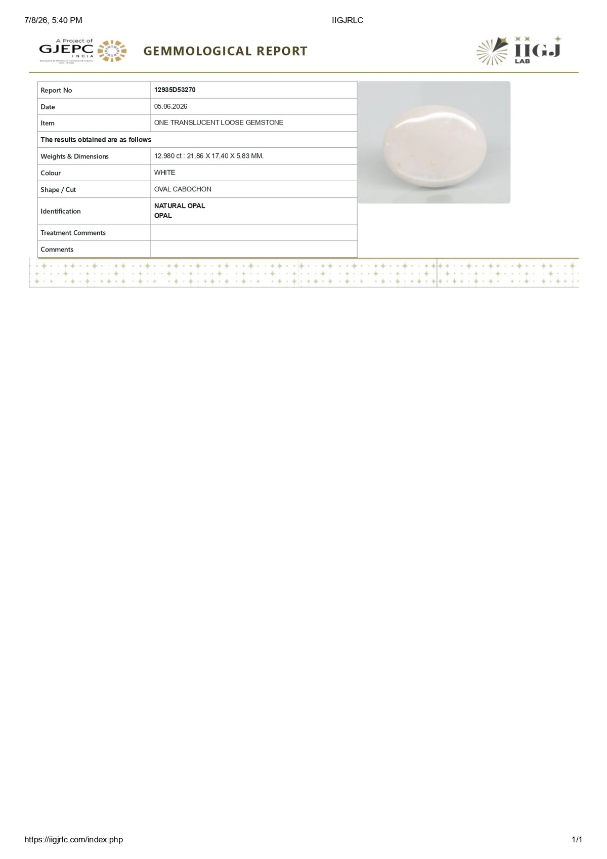 White Opal With Fire 12.98 Carats / 14.26 Ratti