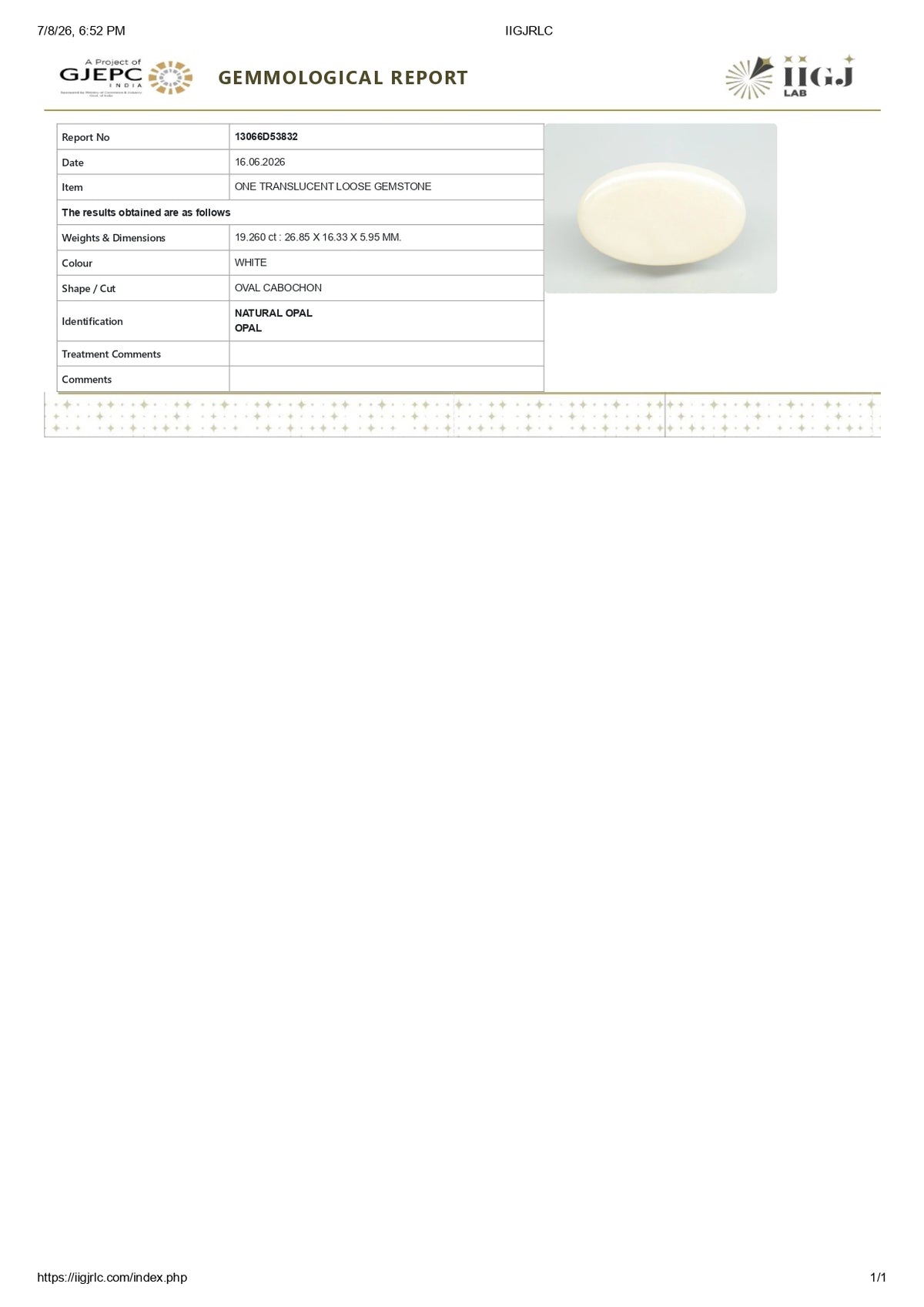 White Opal With Fire 19.26 Carats / 21.16 Ratti