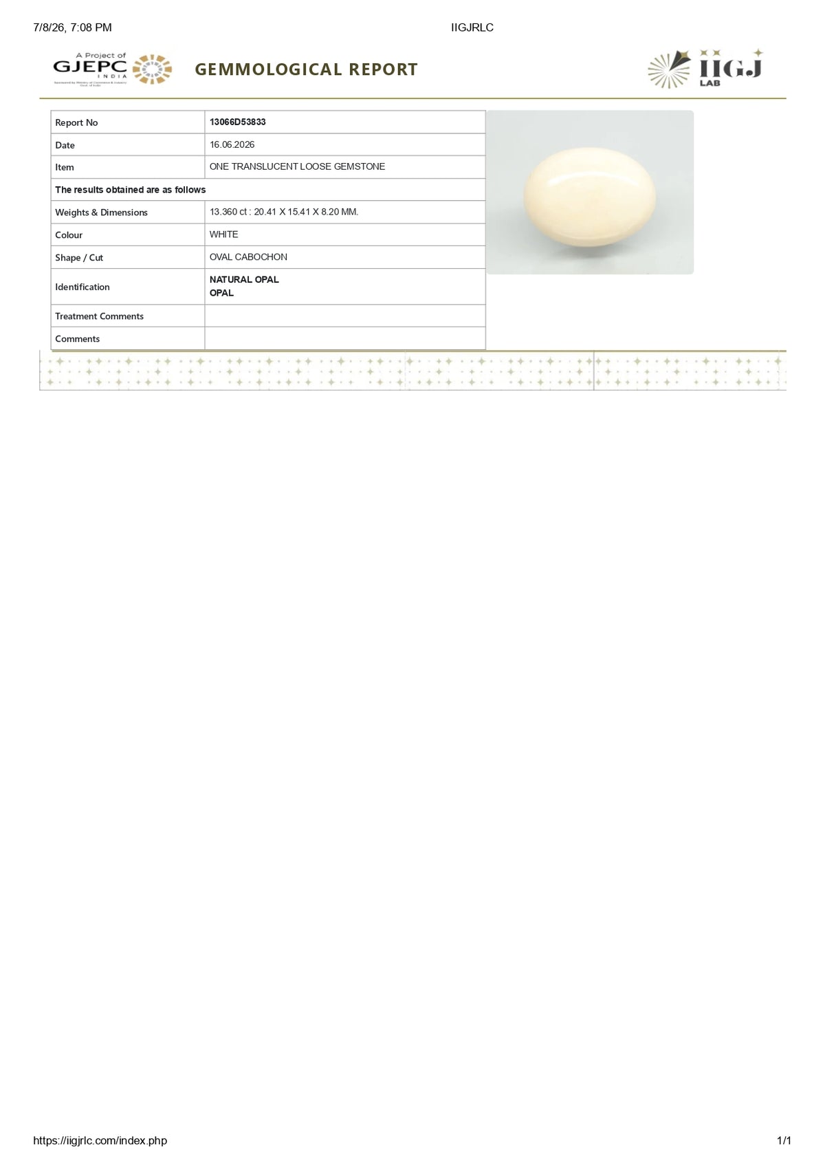 White Opal With Fire 13.36 Carats / 14.68 Ratti