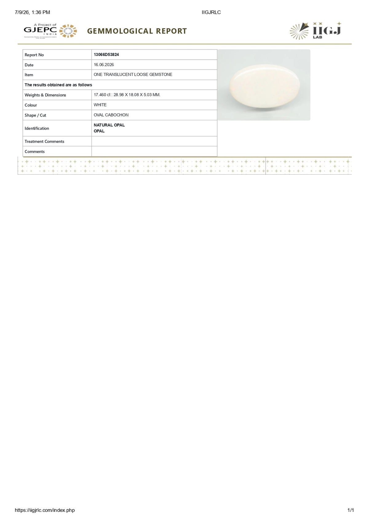 White Opal With Fire 17.46 Carats / 19.19 Ratti