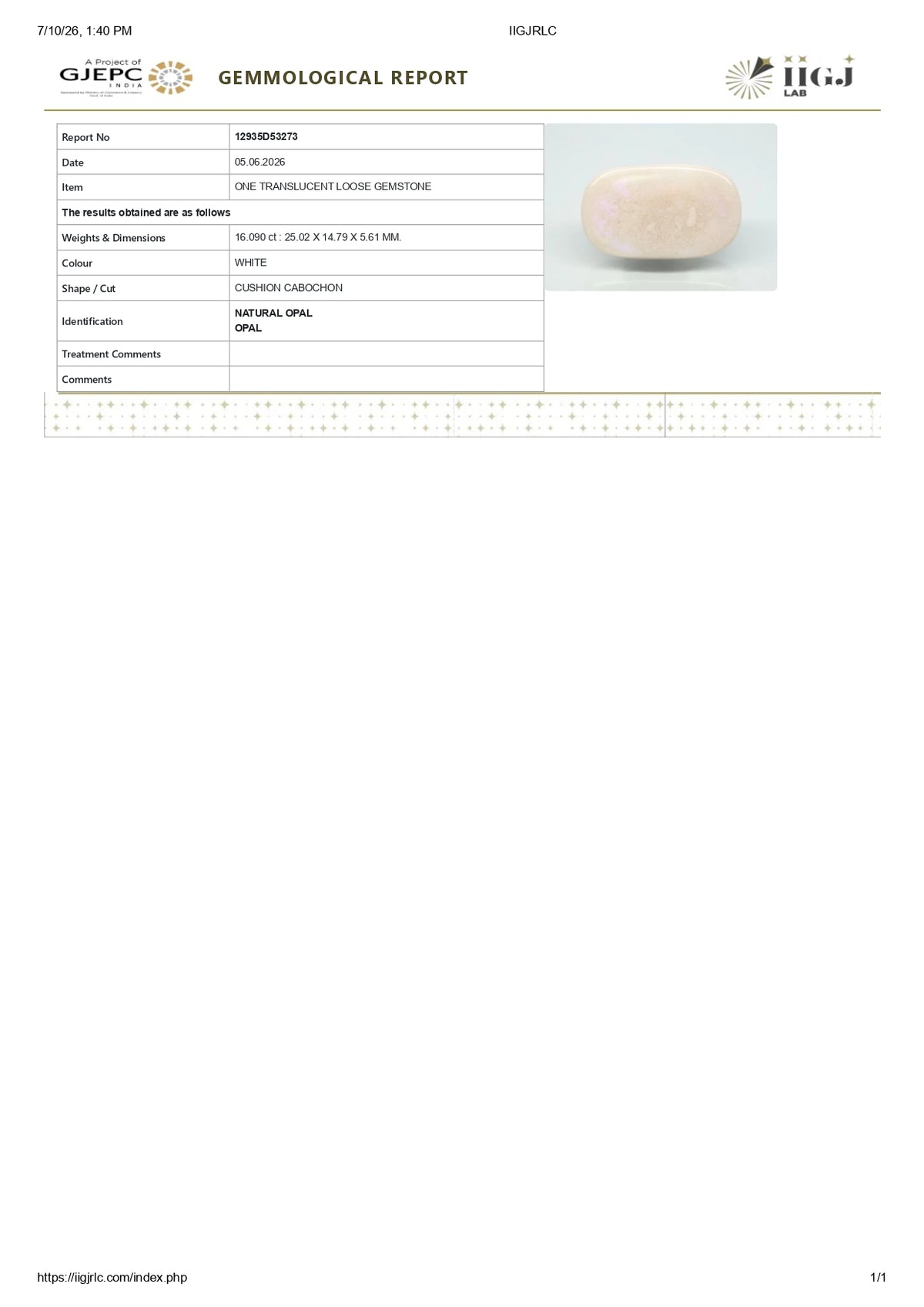 White Opal With Fire 16.09 Carats / 17.68 Ratti