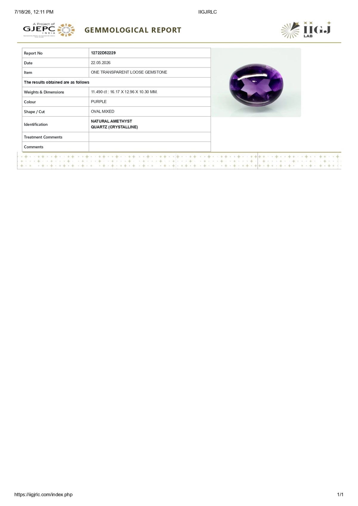 Natural Amethyst 11.49 Carats / 12.63 Ratti