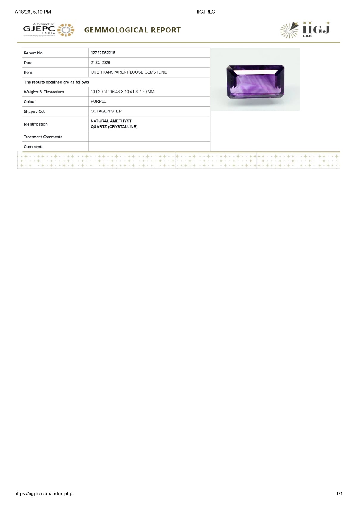 Natural Amethyst 10.02 Carats / 11.01 Ratti