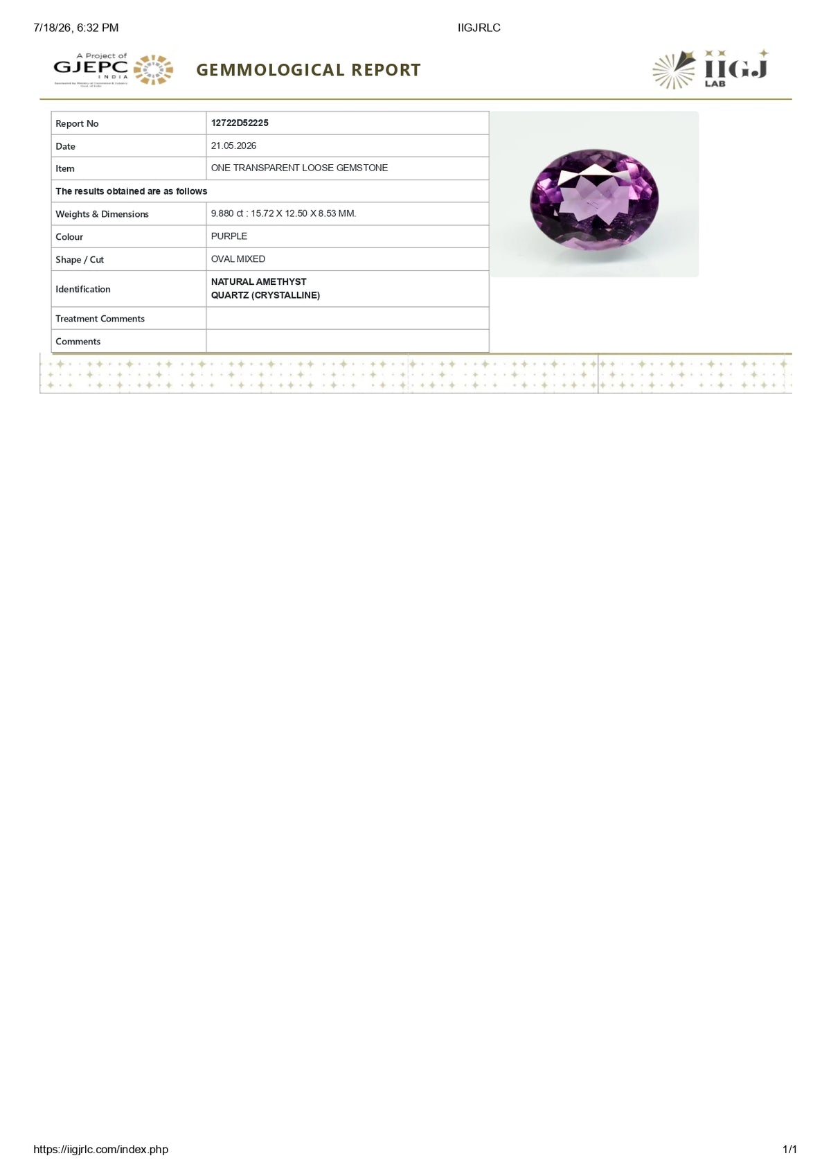 Natural Amethyst 9.88 Carats / 10.88 Ratti