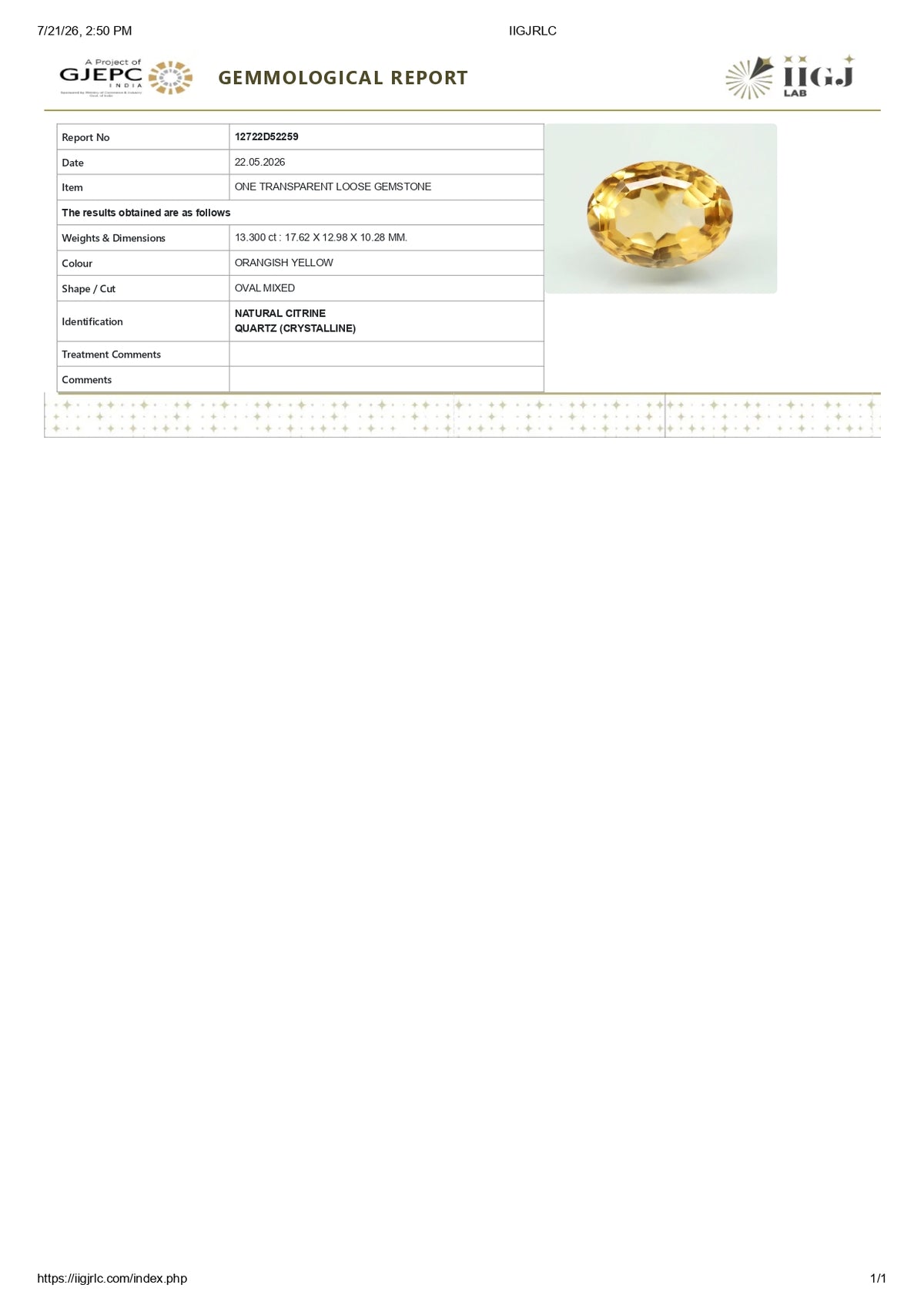 Citrine (Sunela) 13.30 Carats / 14.62 Ratti