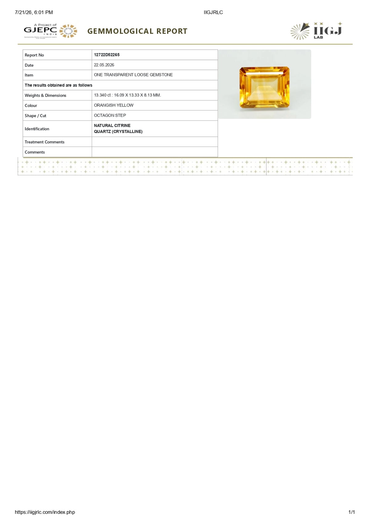 Citrine (Sunela) 13.34 Carats / 14.66 Ratti