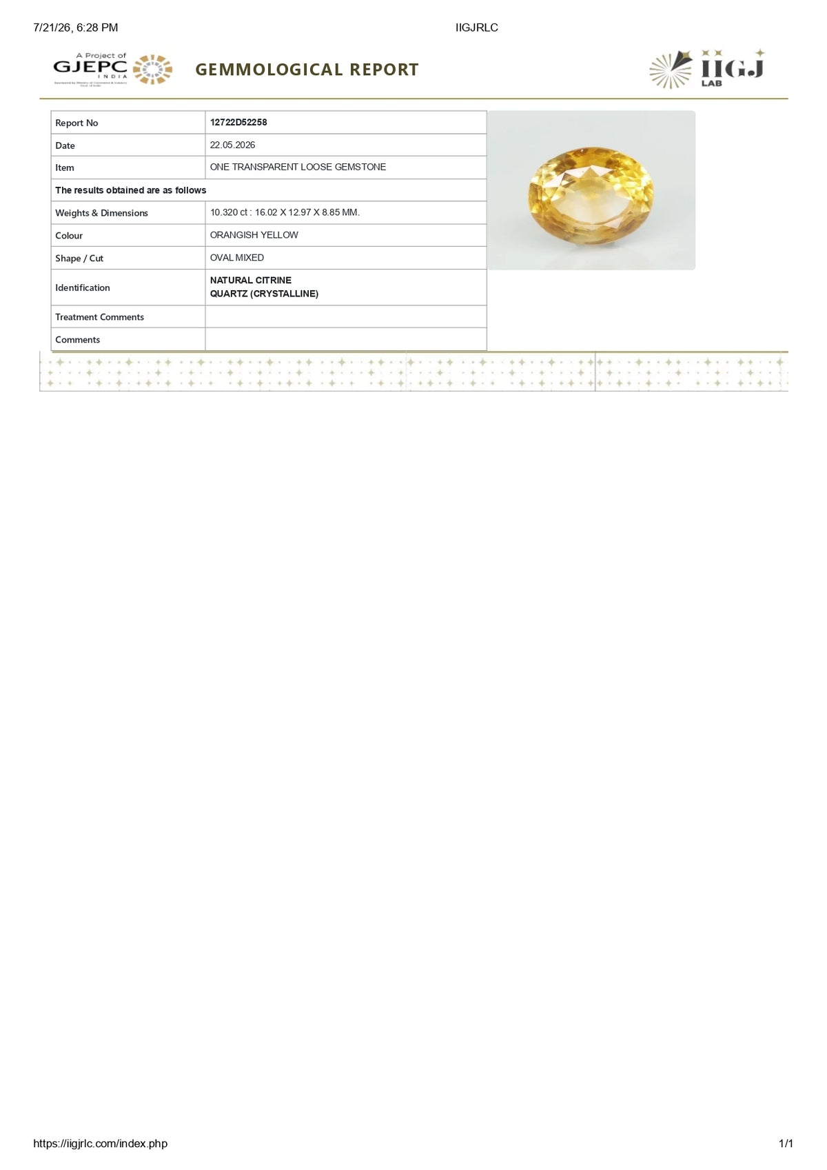 Citrine (Sunela) 10.32 Carats / 11.34 Ratti