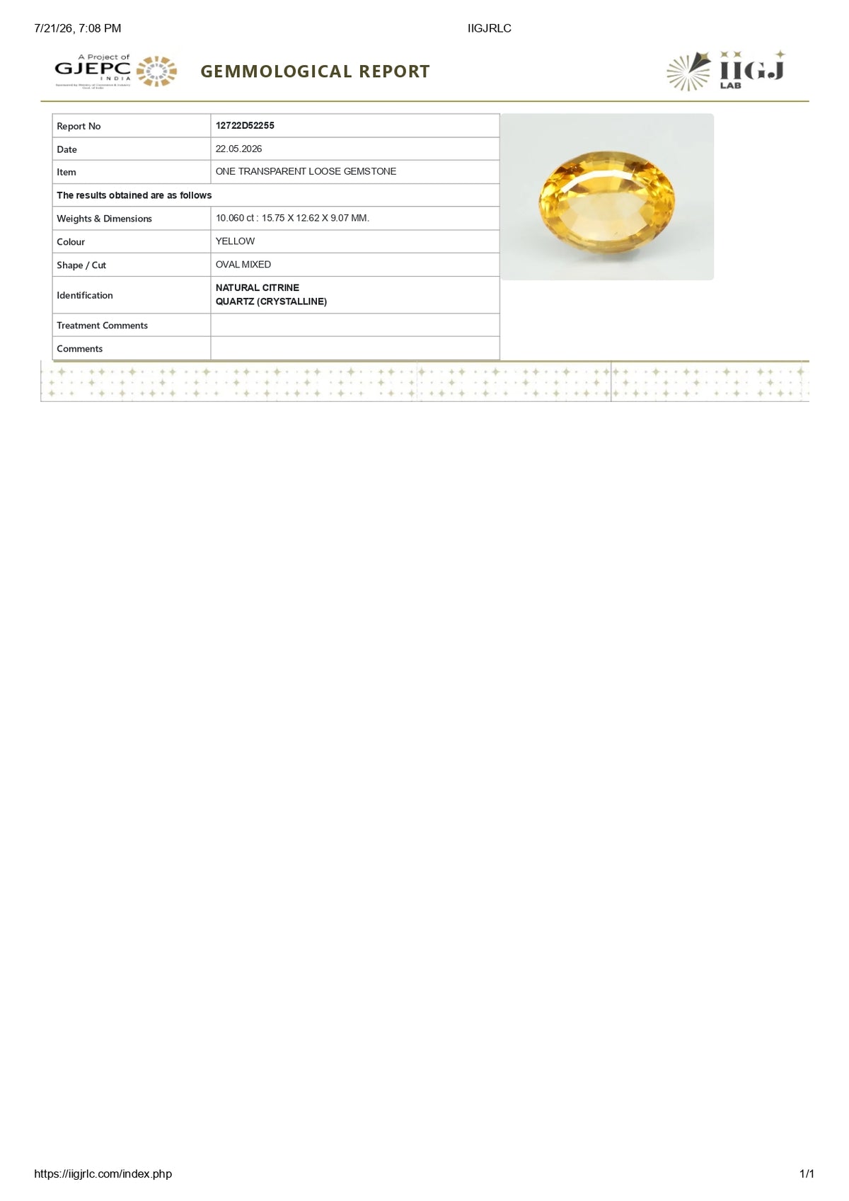 Citrine (Sunela) 10.06 Carats / 11.05 Ratti
