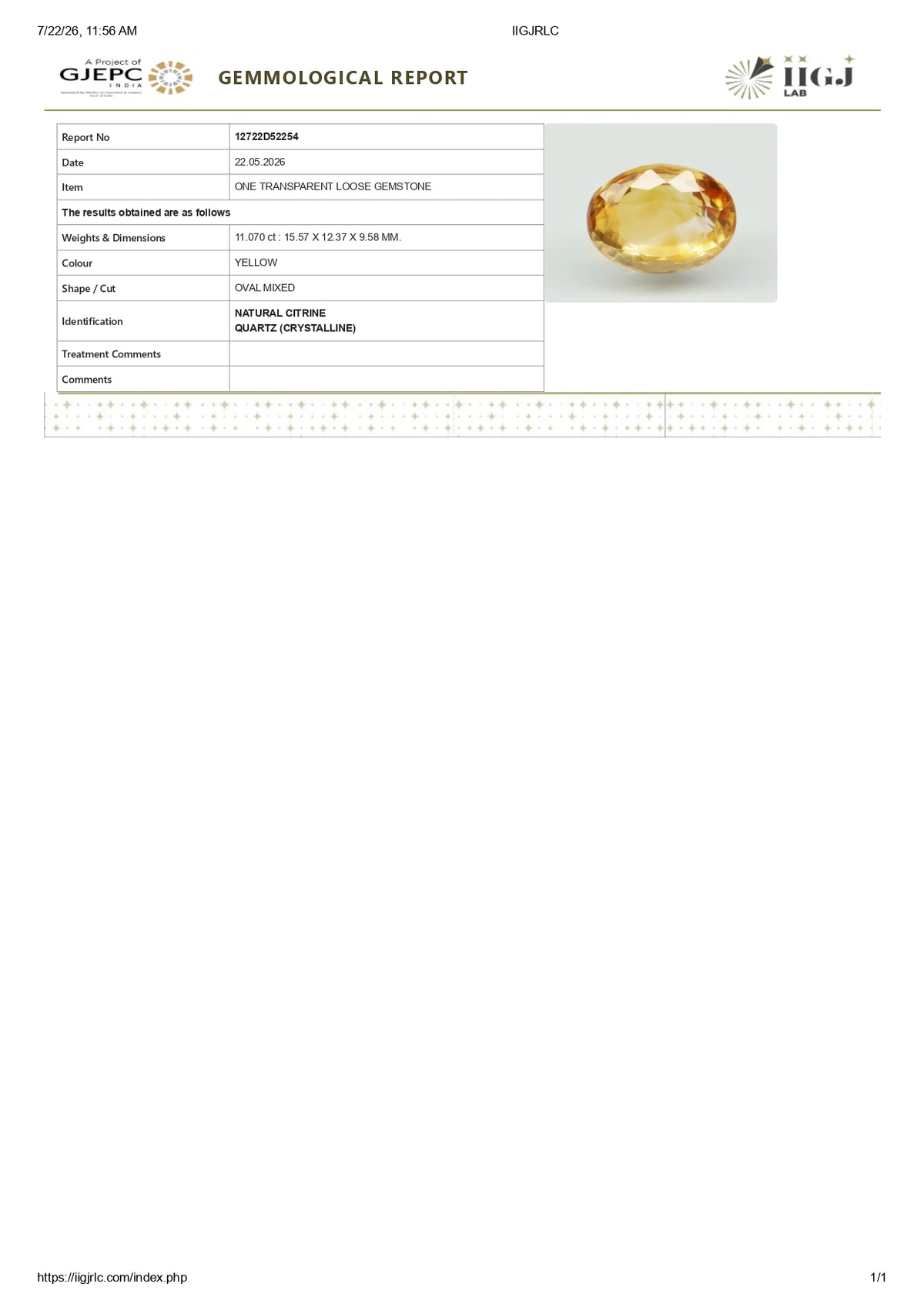 Citrine (Sunela) 11.07 Carats / 12.16 Ratti