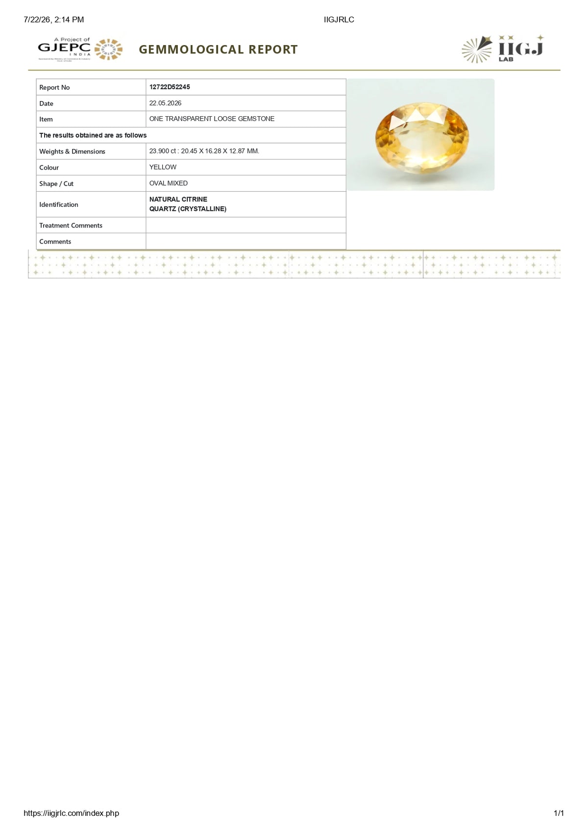 Citrine (Sunela) 23.90 Carats / 26.26 Ratti