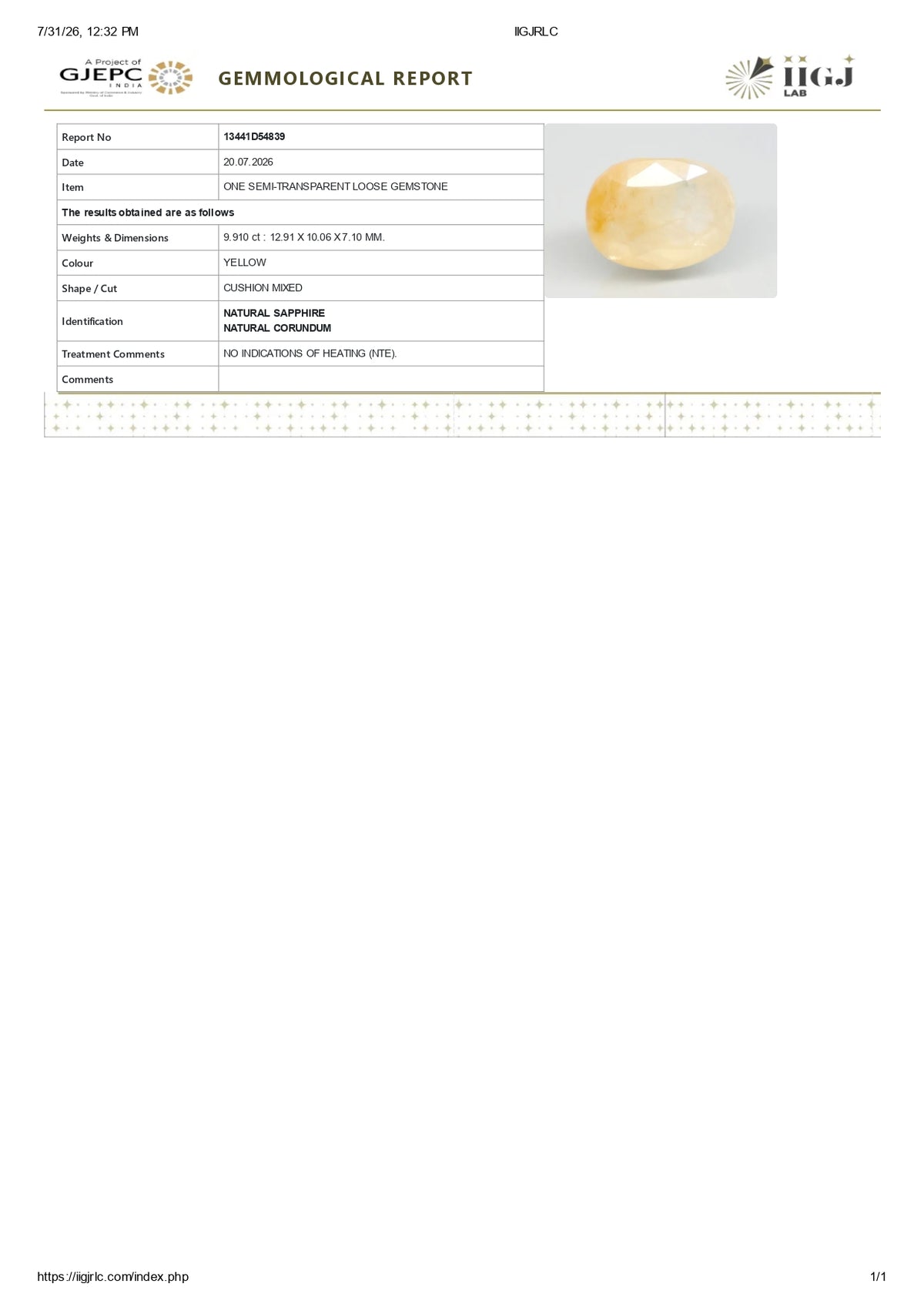 Natural Yellow Sapphire 9.91 Carats / 10.89 Ratti