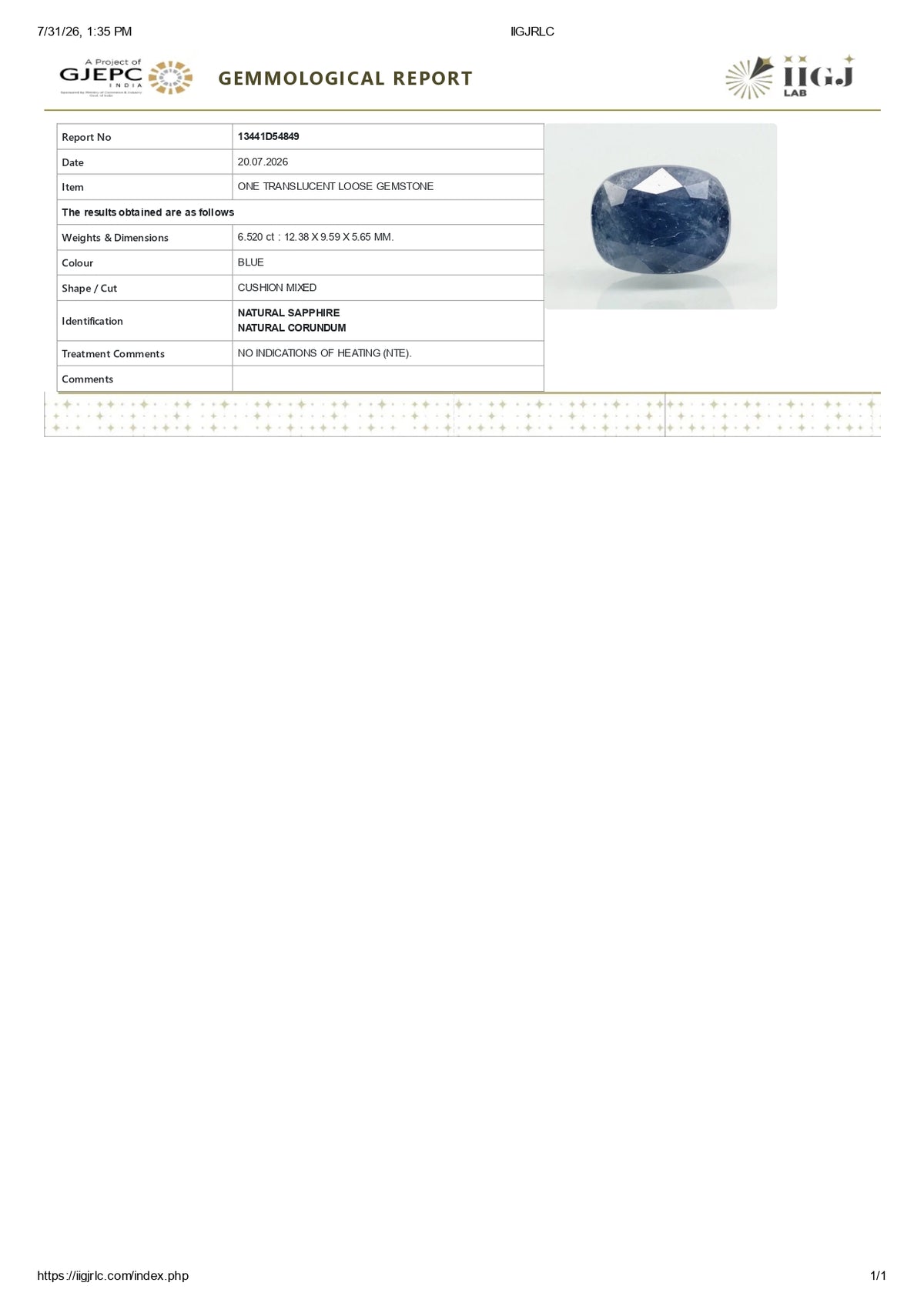 Natural Blue Sapphire 6.52 Carats / 7.16 Ratti