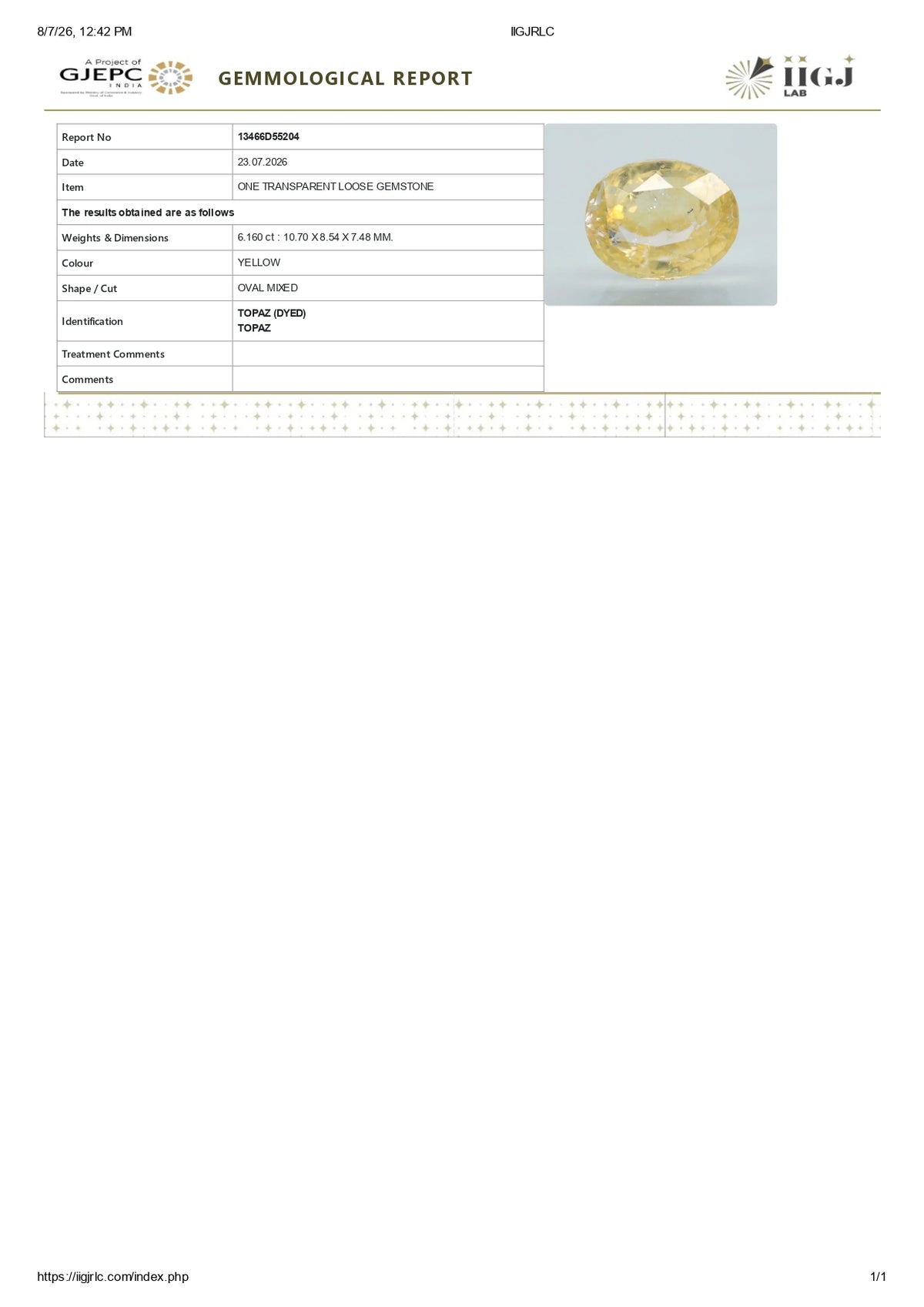 YELLOW TOPAZ 6.16 CARATS / 6.77 Ratti