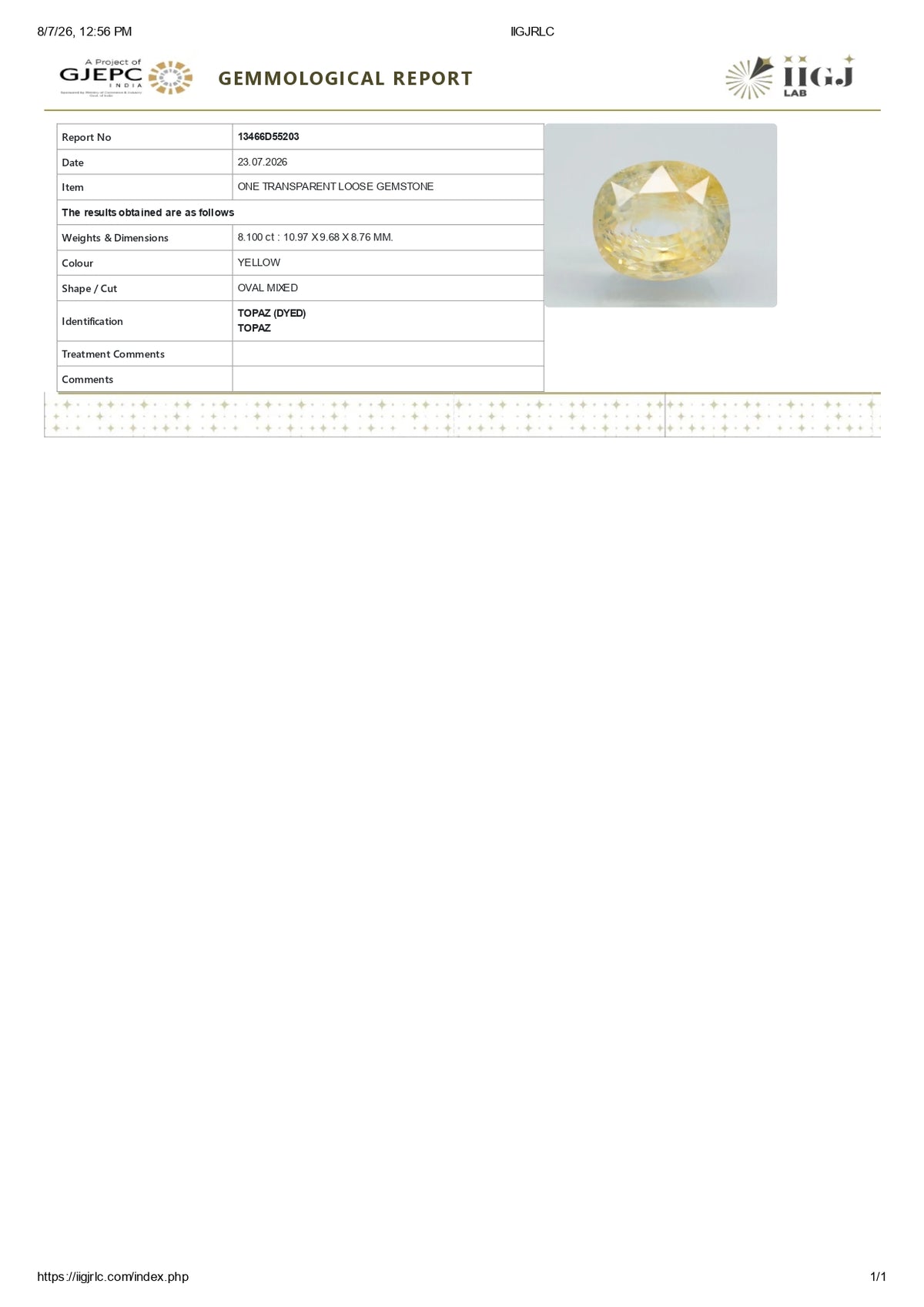 YELLOW TOPAZ 8.10 CARATS / 8.9 Ratti