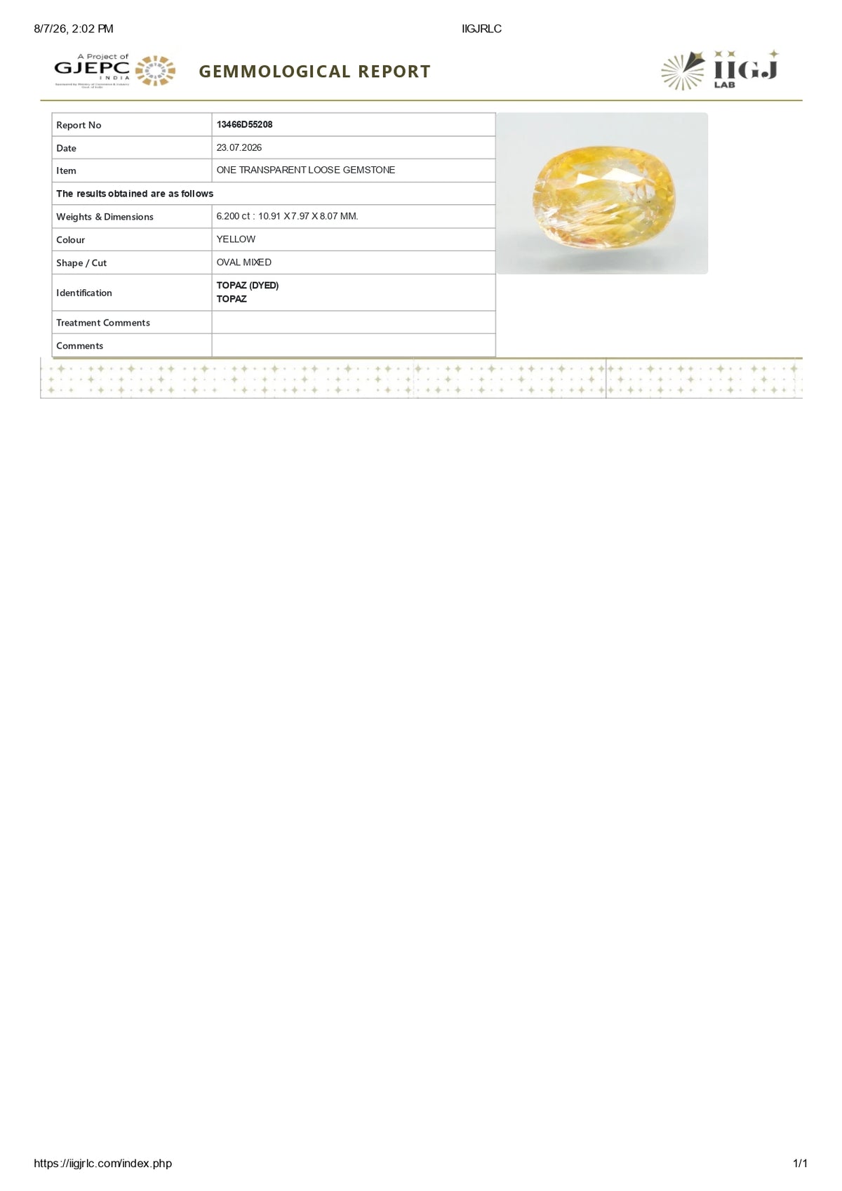 YELLOW TOPAZ 6.20 CARATS / 6.81 Ratti