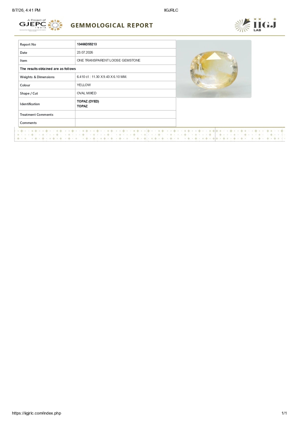 YELLOW TOPAZ 6.41 CARATS / 7.04 Ratti