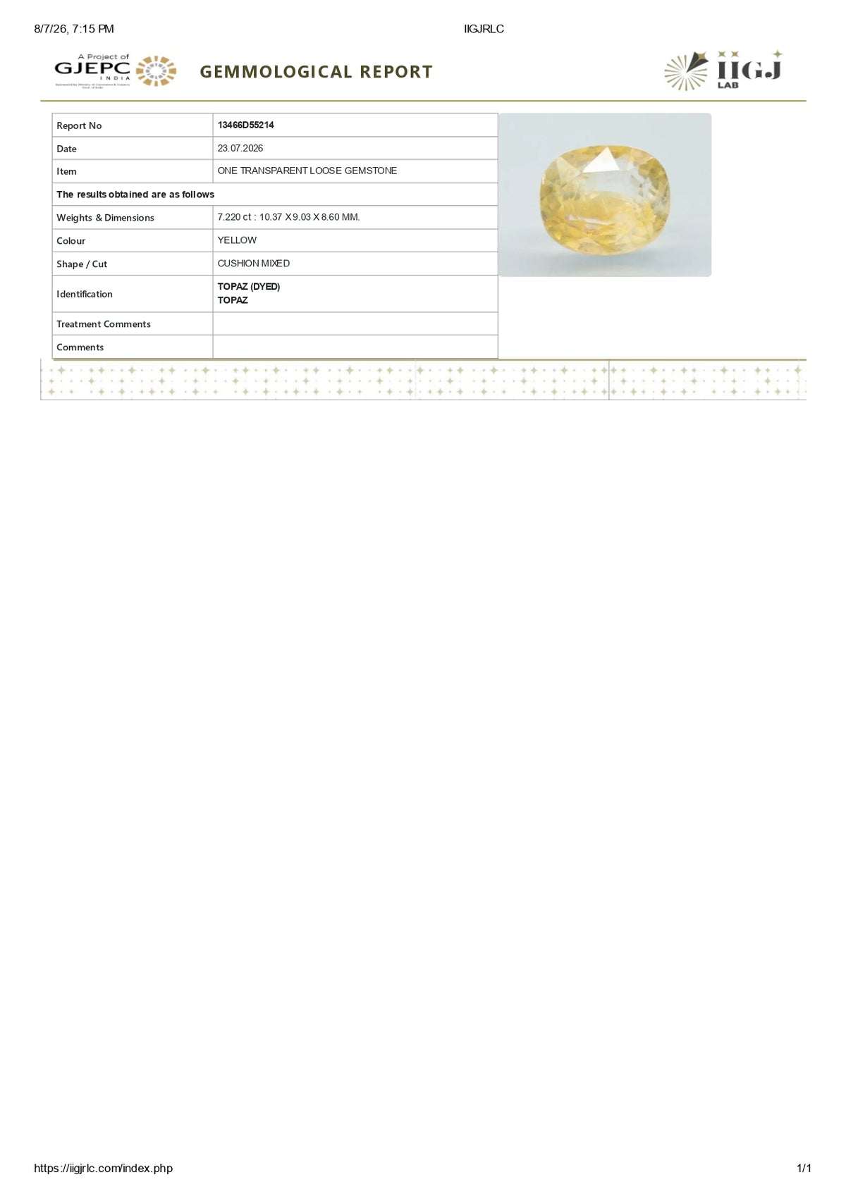 YELLOW TOPAZ 7.22 CARATS / 7.93 Ratti