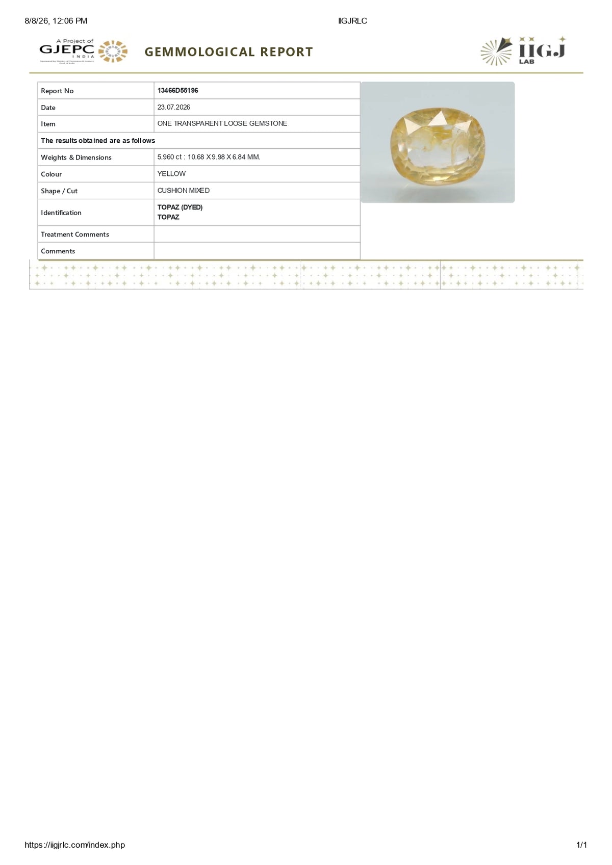 YELLOW TOPAZ 5.96 CARATS / 6.55 Ratti
