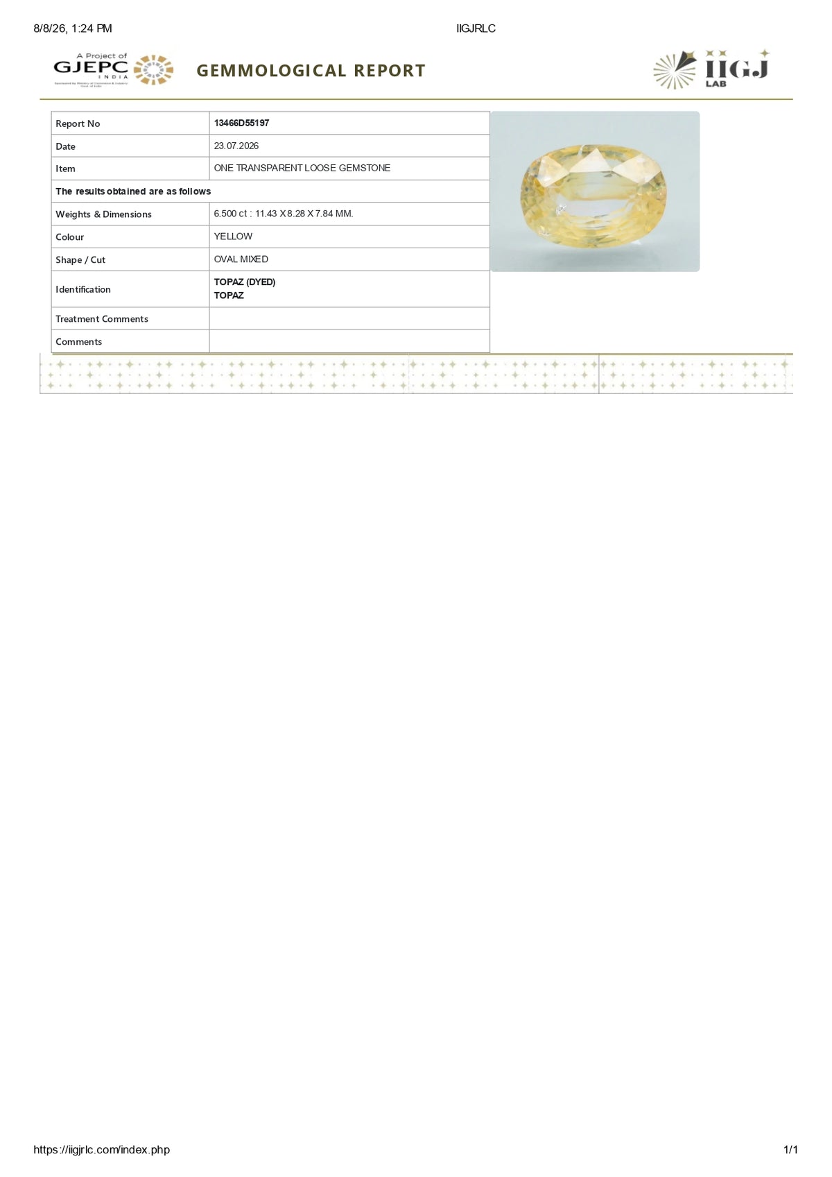 YELLOW TOPAZ 6.50 CARATS / 7.14 Ratti