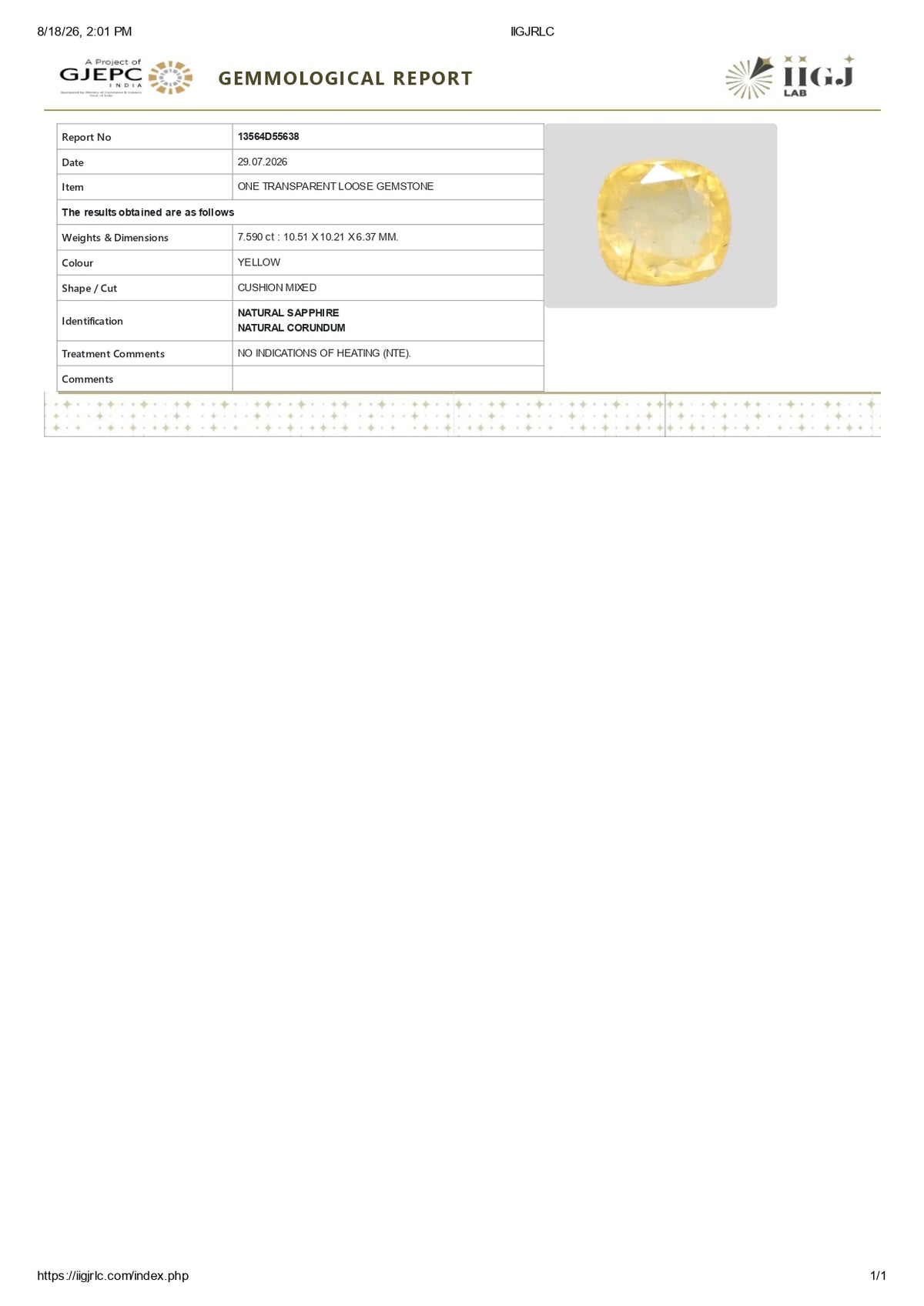 Natural Yellow Sapphire 7.59 Carats / 8.34 Ratti