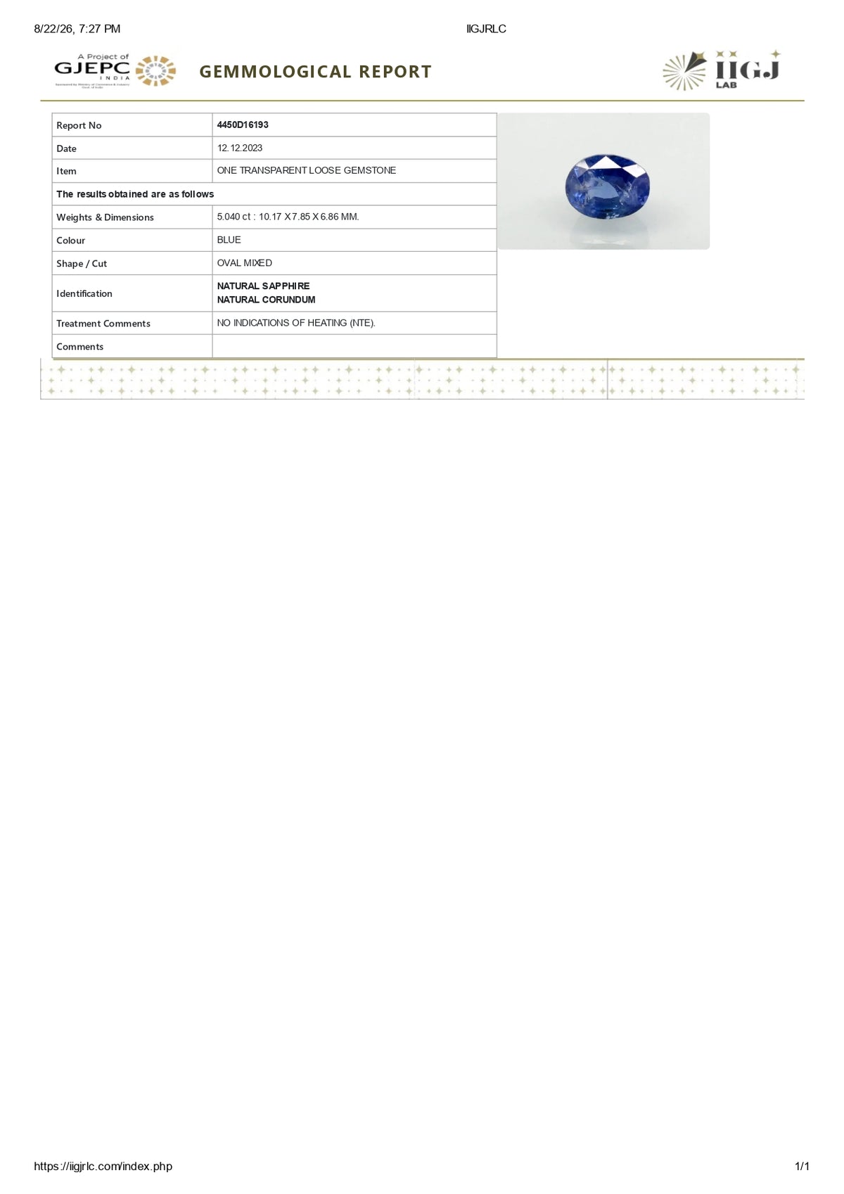 Natural Blue Sapphire 5.04 Carats / 5.54 Ratti