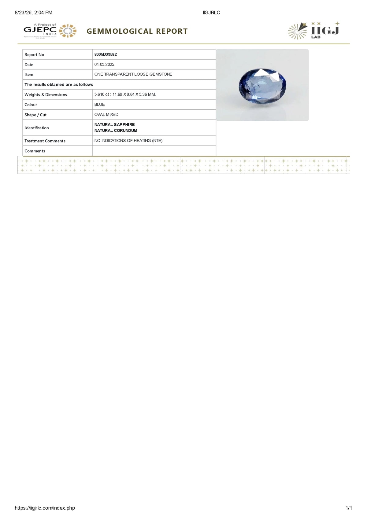 Natural Blue Sapphire 5.61 Carats / 6.16 Ratti