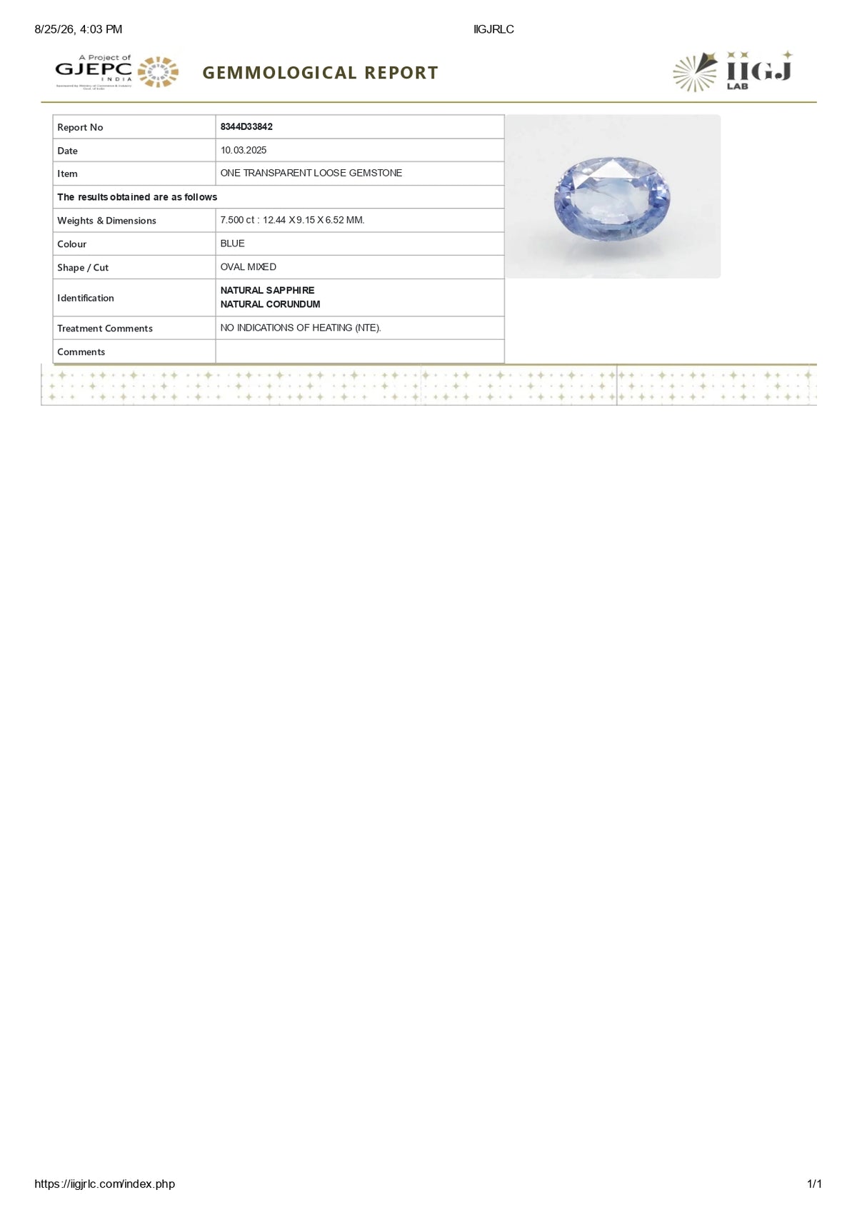 Natural Blue Sapphire 7.50 Carats / 8.24 Ratti