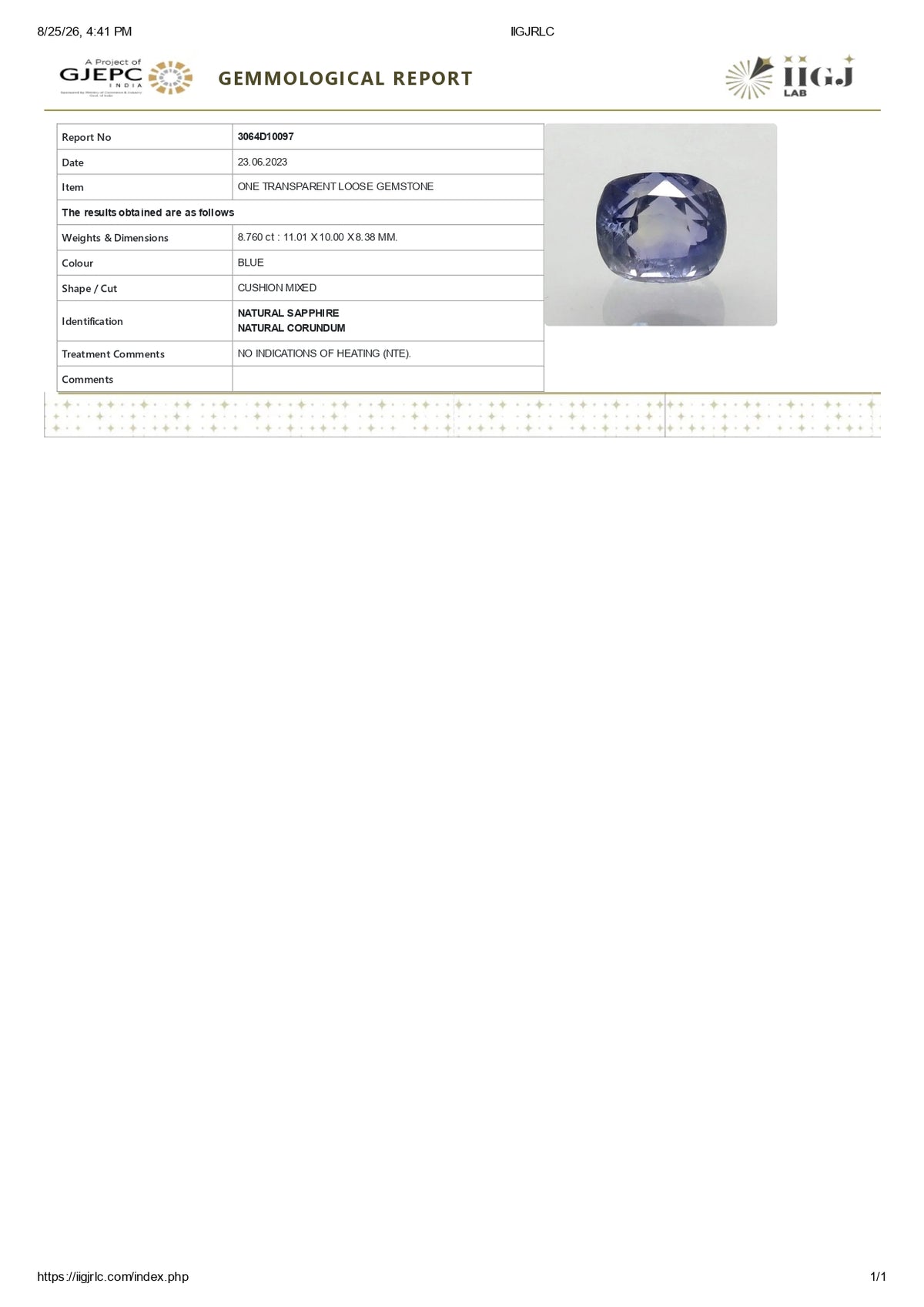 Natural Blue Sapphire 8.76 Carats / 9.63 Ratti