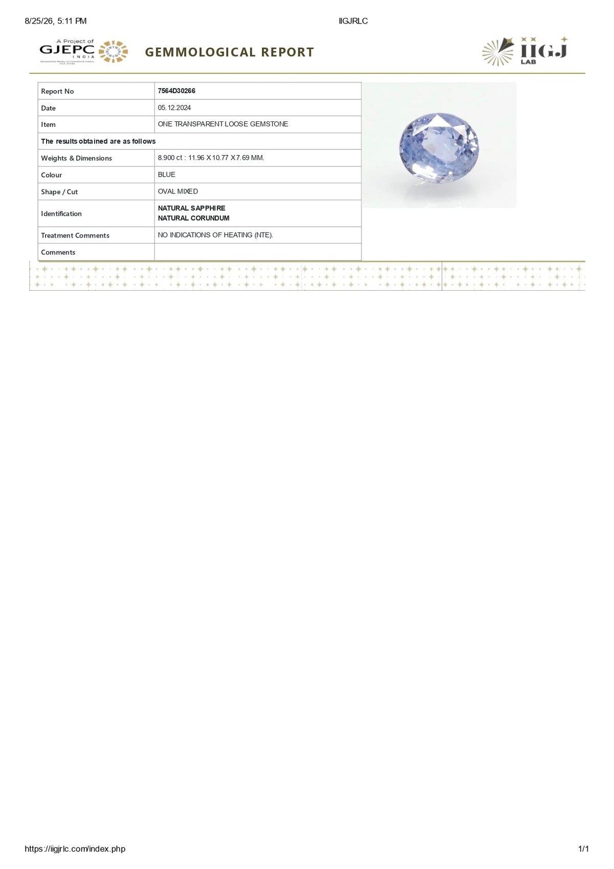Natural Blue Sapphire 8.90 Carats / 9.78 Ratti