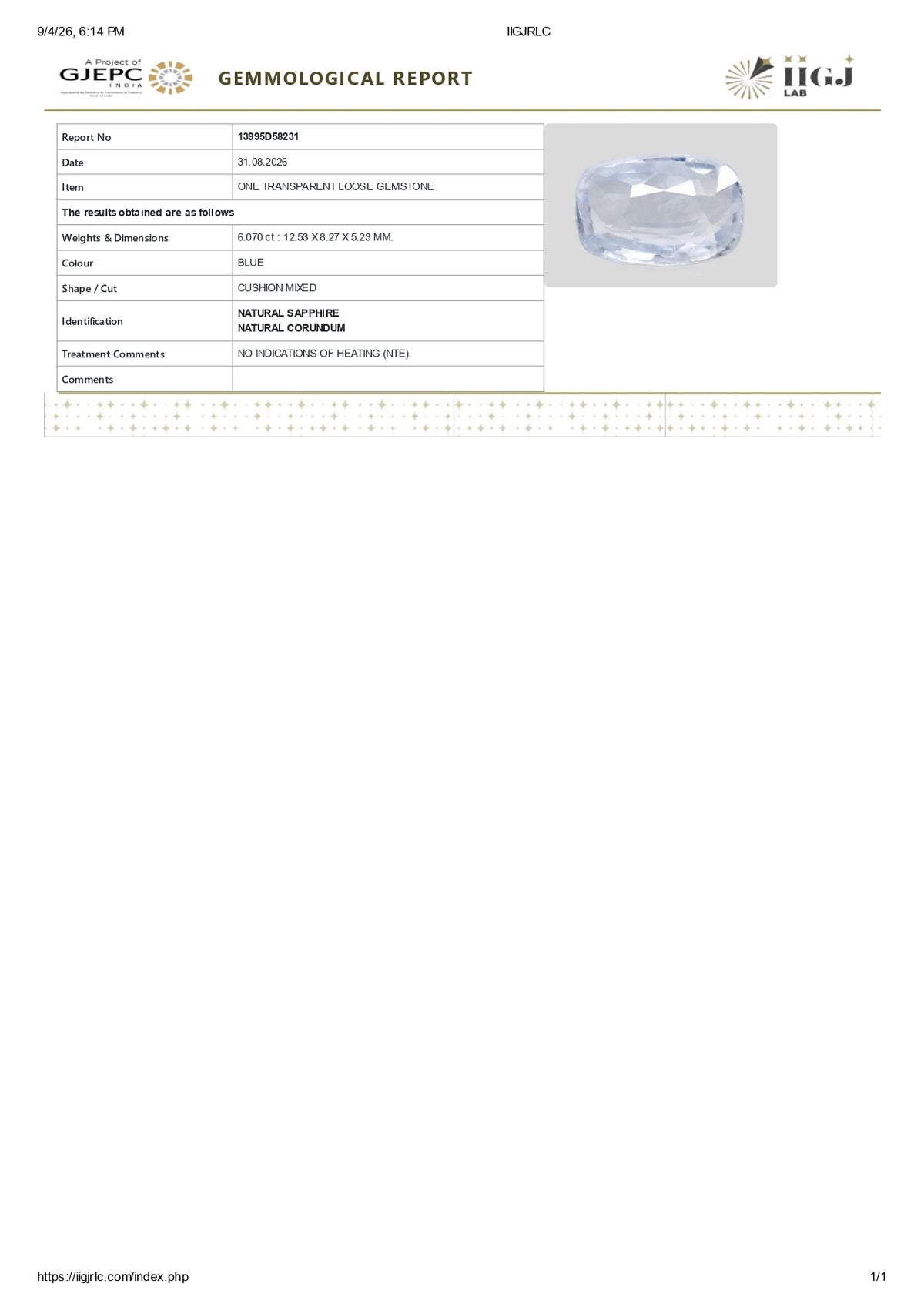 Natural Blue Sapphire 6.07 Carats / 6.67 Ratti
