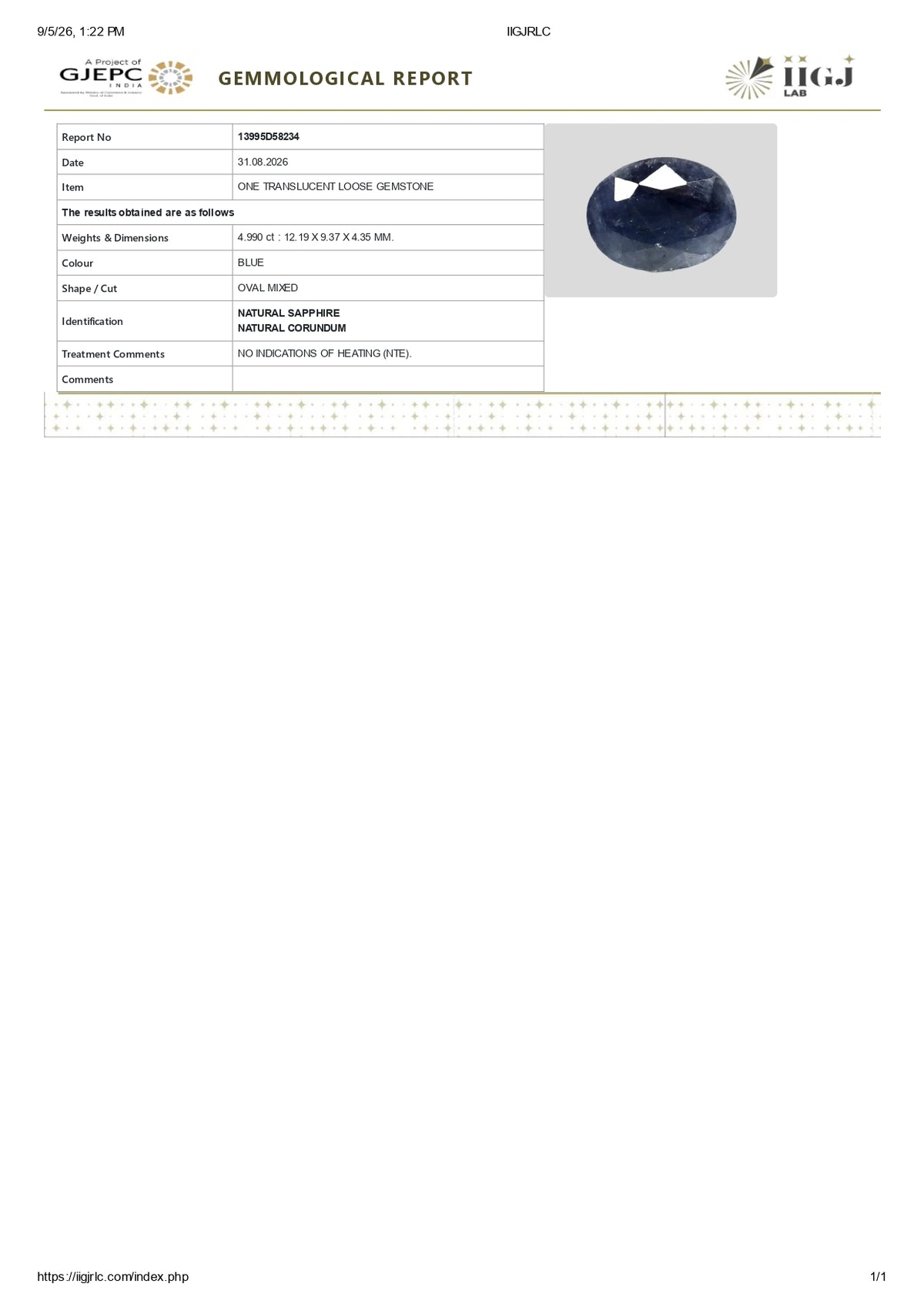 Natural Blue Sapphire 4.99 Carats / 5.48 Ratti
