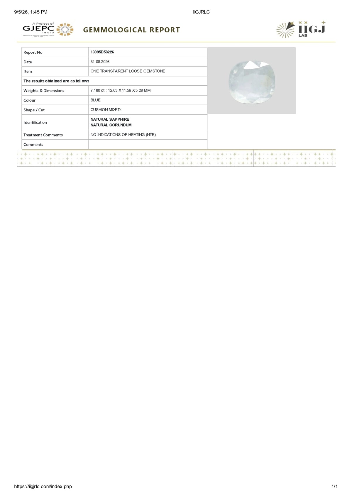Natural Blue Sapphire 7.18 Carats / 7.89 Ratti