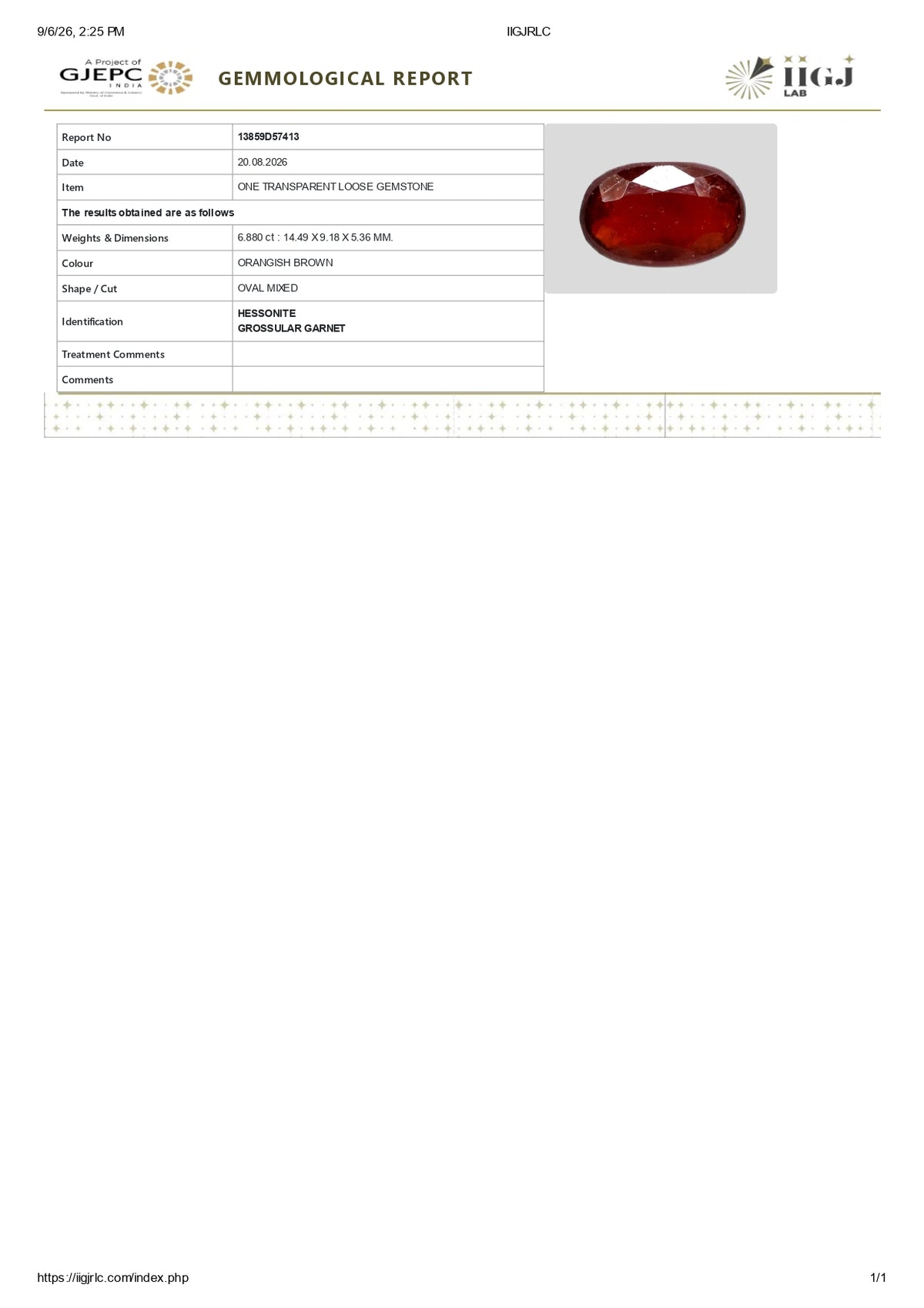 African Hessonite (Gomed) 6.88 Carats / 7.56 Ratti