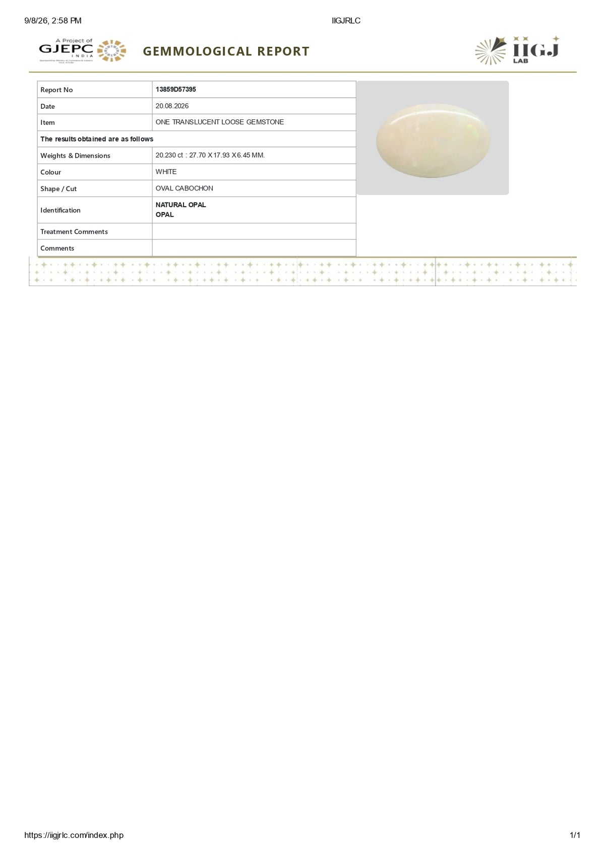 White Opal With Fire 20.23 Carats / 22.23 Ratti