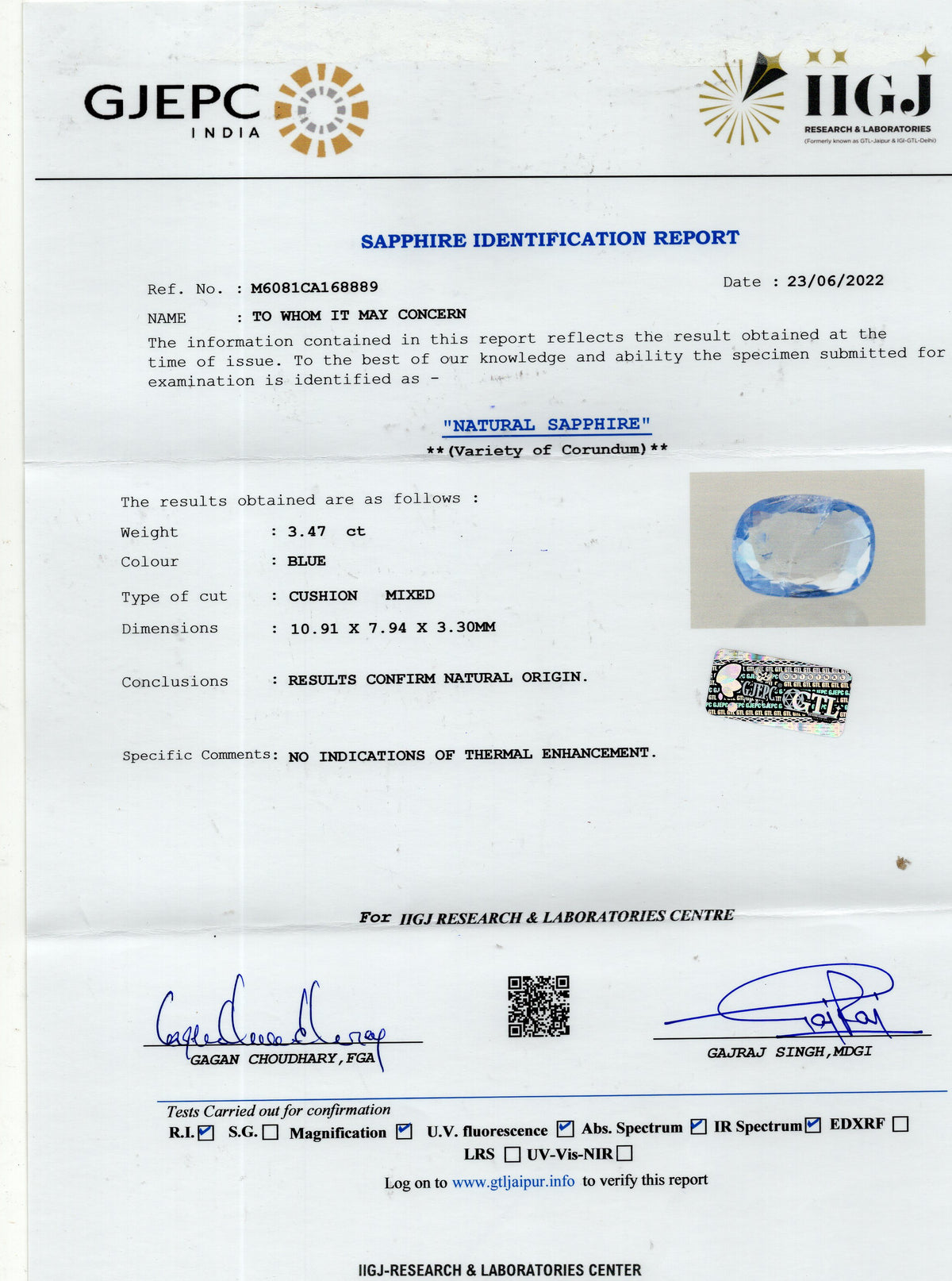 Natural Blue Sapphire 3.47 Carats / 3.81 Ratti