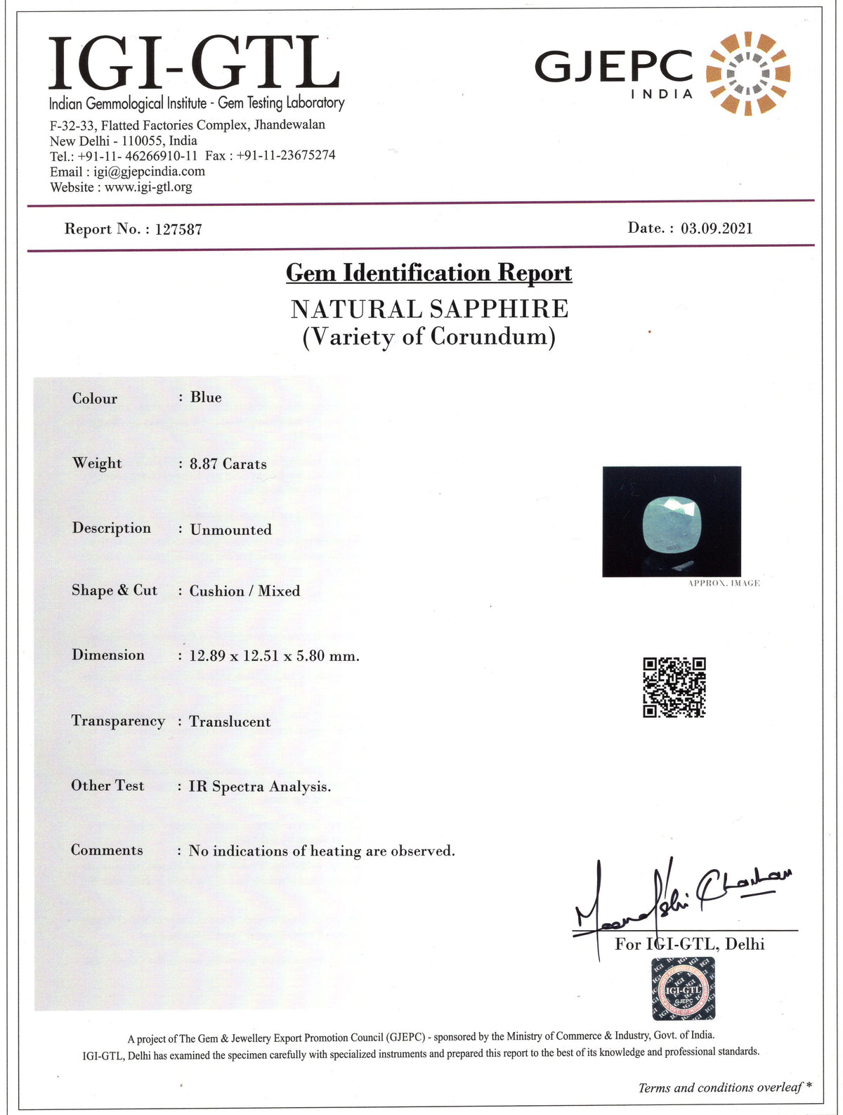 Natural Blue Sapphire 8.87 Carats / 9.75 Ratti