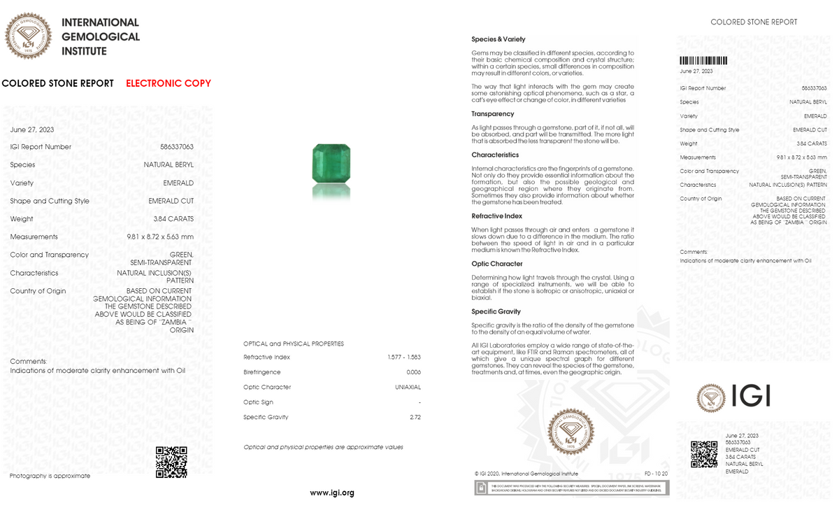 Zambian Emerald (Panna) 3.84 Carats / 4.22 Ratti